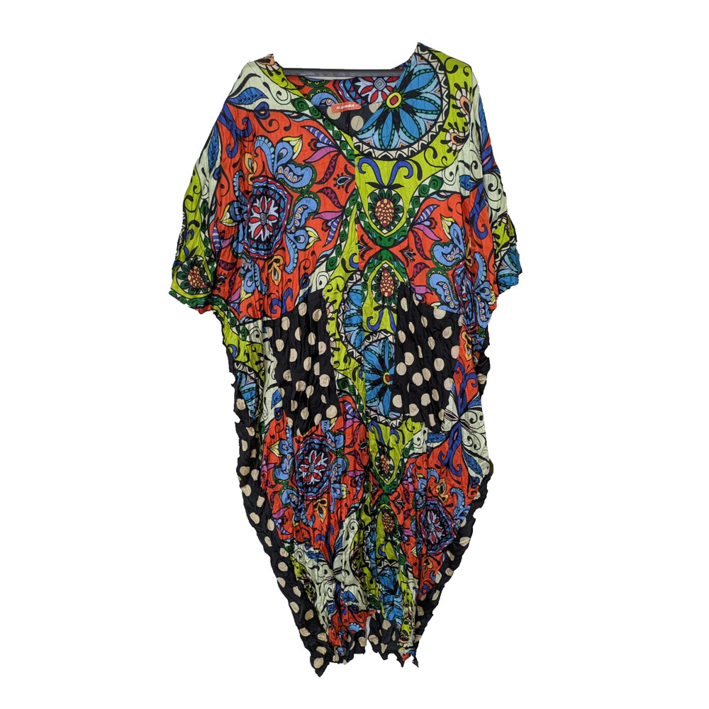 Alembika Womens Crinkle Polka Dot Dress 2X Black White Paisley Boho Kaftan